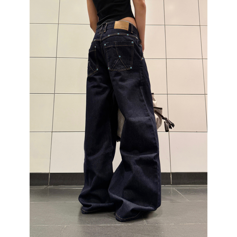 F383 Blugi denim american retro – turcoaz original, croială sabie curbată, unisex, linie A, drepti largi