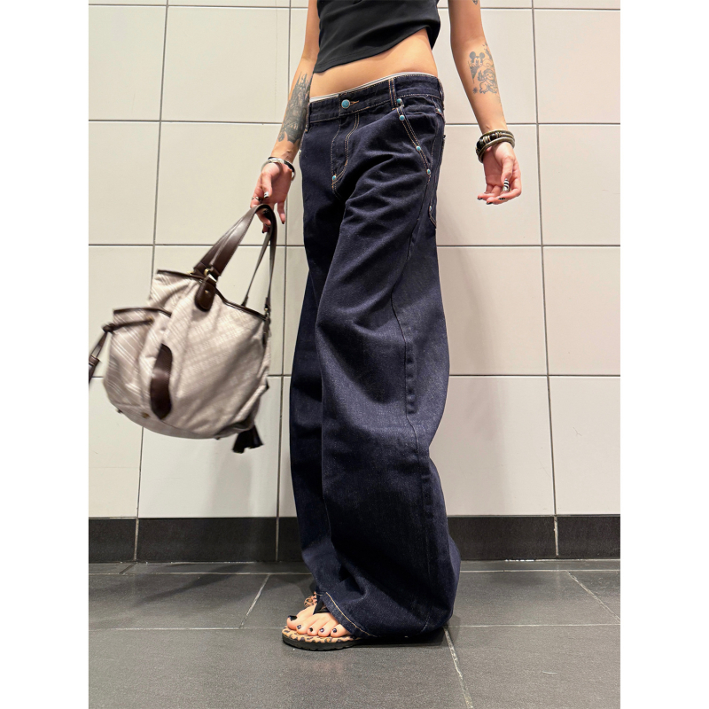 F383 Blugi denim american retro – turcoaz original, croială sabie curbată, unisex, linie A, drepti largi