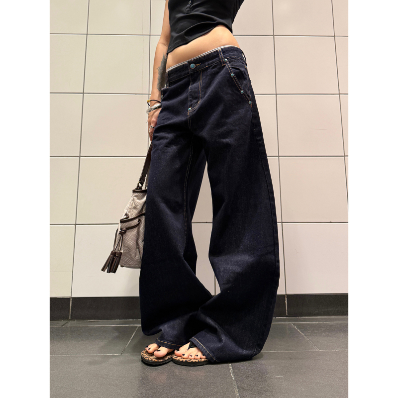 F383 Blugi denim american retro – turcoaz original, croială sabie curbată, unisex, linie A, drepti largi