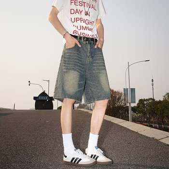 Shorturi denim pentru bărbați, spălare vintage, stil american retro, croială relaxată, vară 2026, casual și versatil cu cinci buzunare