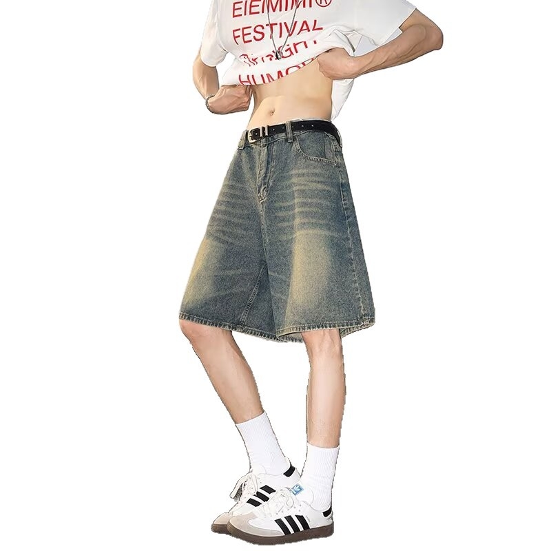 Shorturi denim pentru bărbați, spălare vintage, stil american retro, croială relaxată, vară 2026, casual și versatil cu cinci buzunare