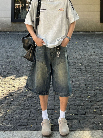 Shorts din denim stil american vintage, spălate – unisex, croi drept, largi, uzate, scurte