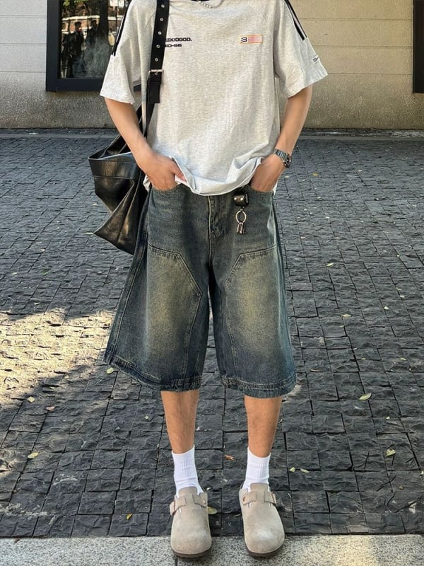 Shorts din denim stil american vintage, spălate – unisex, croi drept, largi, uzate, scurte