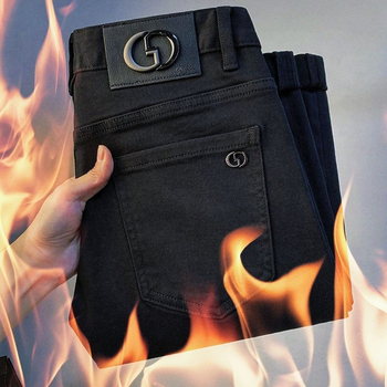 Jeanși din denim elastici pentru bărbați, croială Slim Straight, căptușiți cu fleece, iarnă 2025