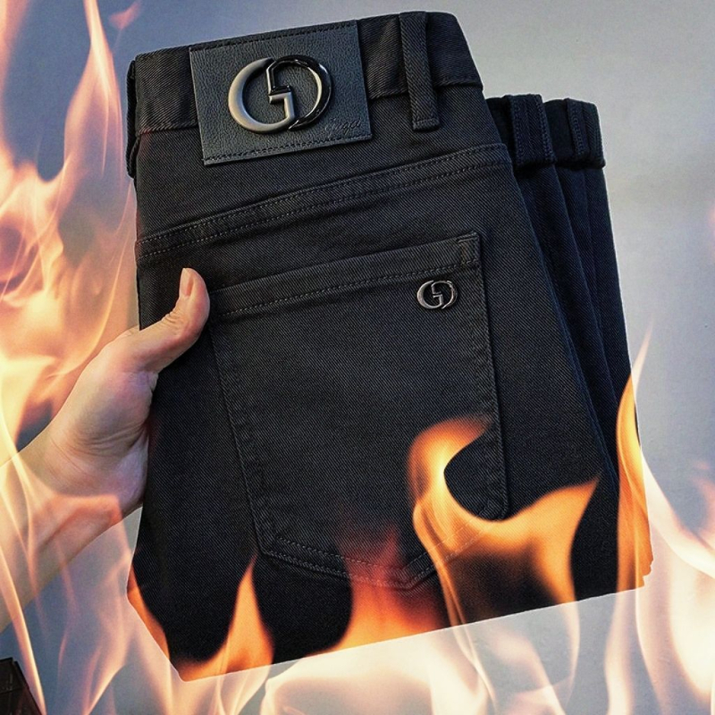 Jeanși din denim elastici pentru bărbați, croială Slim Straight, căptușiți cu fleece, iarnă 2025