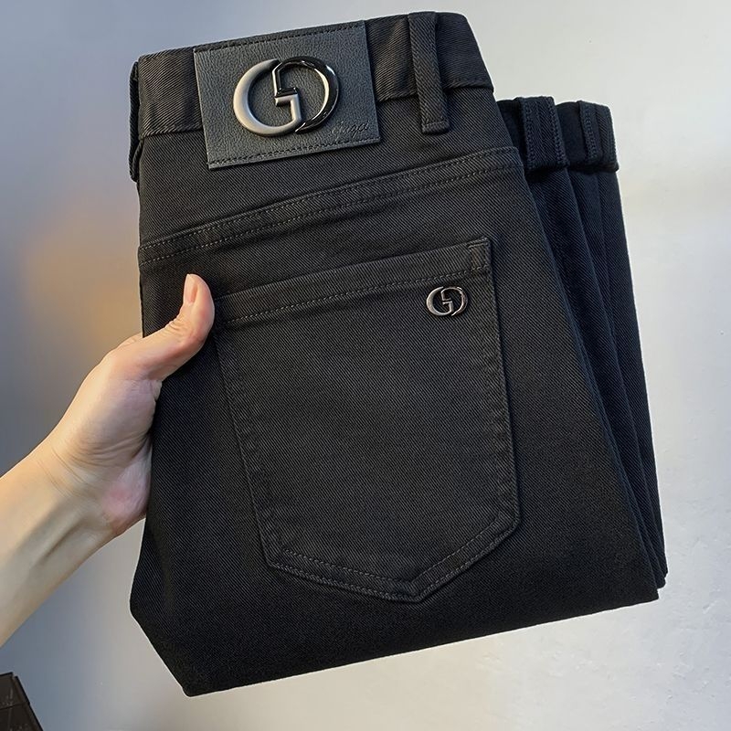 Jeanși din denim elastici pentru bărbați, croială Slim Straight, căptușiți cu fleece, iarnă 2025