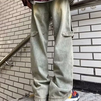 Jeans de muncă din denim pentru bărbați, culoare galben-murdar, primăvară-toamnă, stil street american, croială largă și dreaptă