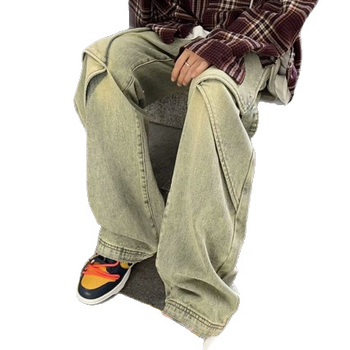 Jeans de muncă din denim pentru bărbați, culoare galben-murdar, primăvară-toamnă, stil street american, croială largă și dreaptă