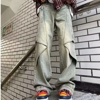 Jeans de muncă din denim pentru bărbați, culoare galben-murdar, primăvară-toamnă, stil street american, croială largă și dreaptă