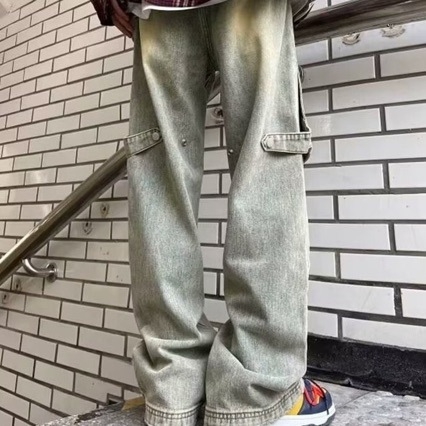 Jeans de muncă din denim pentru bărbați, culoare galben-murdar, primăvară-toamnă, stil street american, croială largă și dreaptă