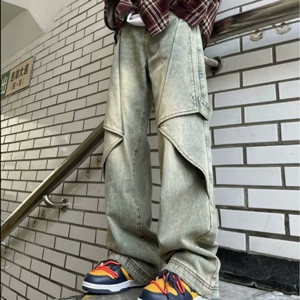Jeans de muncă din denim pentru bărbați, culoare galben-murdar, primăvară-toamnă, stil street american, croială largă și dreaptă