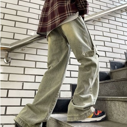 Jeans de muncă din denim pentru bărbați, culoare galben-murdar, primăvară-toamnă, stil street american, croială largă și dreaptă