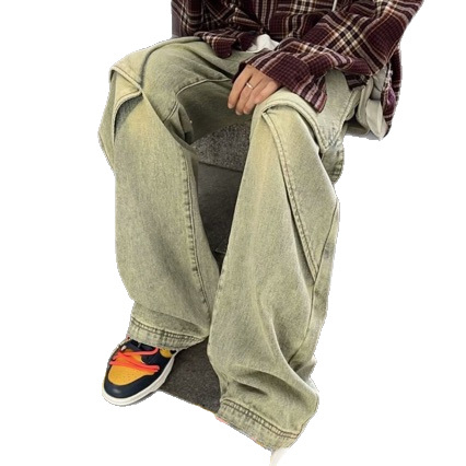 Jeans de muncă din denim pentru bărbați, culoare galben-murdar, primăvară-toamnă, stil street american, croială largă și dreaptă