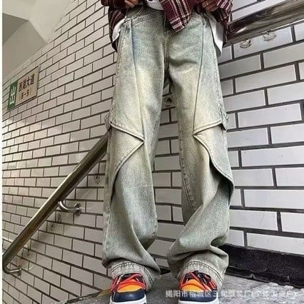 Jeans de muncă din denim pentru bărbați, culoare galben-murdar, primăvară-toamnă, stil street american, croială largă și dreaptă
