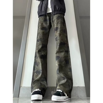 Jeansi denim camuflați pentru bărbați, stil american, croială dreaptă, lejeră, culoare camuflaj