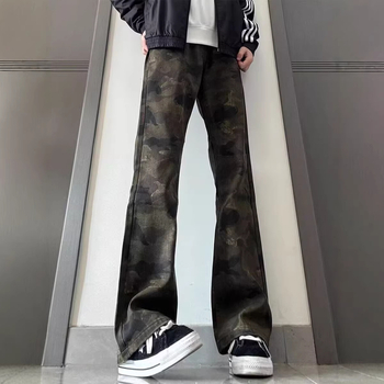 Jeansi denim camuflați pentru bărbați, stil american, croială dreaptă, lejeră, culoare camuflaj
