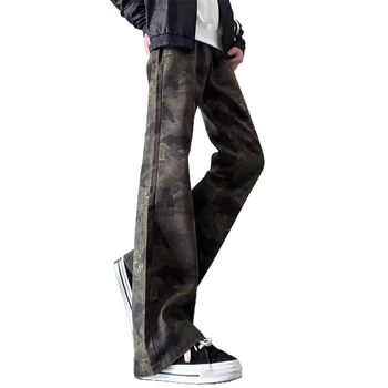 Jeansi denim camuflați pentru bărbați, stil american, croială dreaptă, lejeră, culoare camuflaj