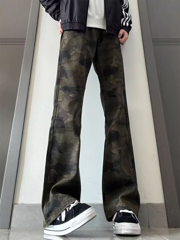 Jeansi denim camuflați pentru bărbați, stil american, croială dreaptă, lejeră, culoare camuflaj