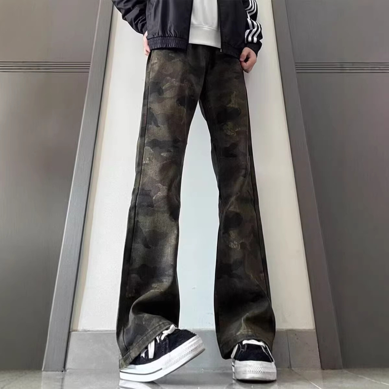 Jeansi denim camuflați pentru bărbați, stil american, croială dreaptă, lejeră, culoare camuflaj