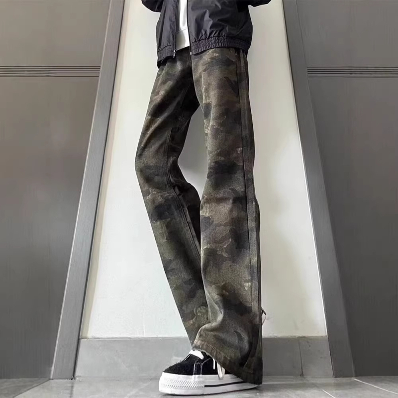 Jeansi denim camuflați pentru bărbați, stil american, croială dreaptă, lejeră, culoare camuflaj