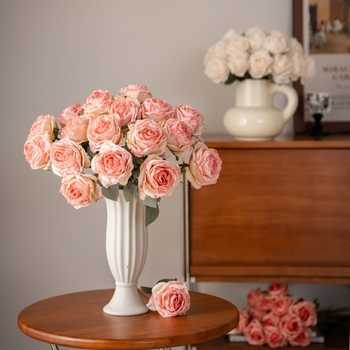 Buchet de trandafiri din satin cu margini arse, inspirat de Grădina Monet, floare artificială pentru nuntă și decor în casă