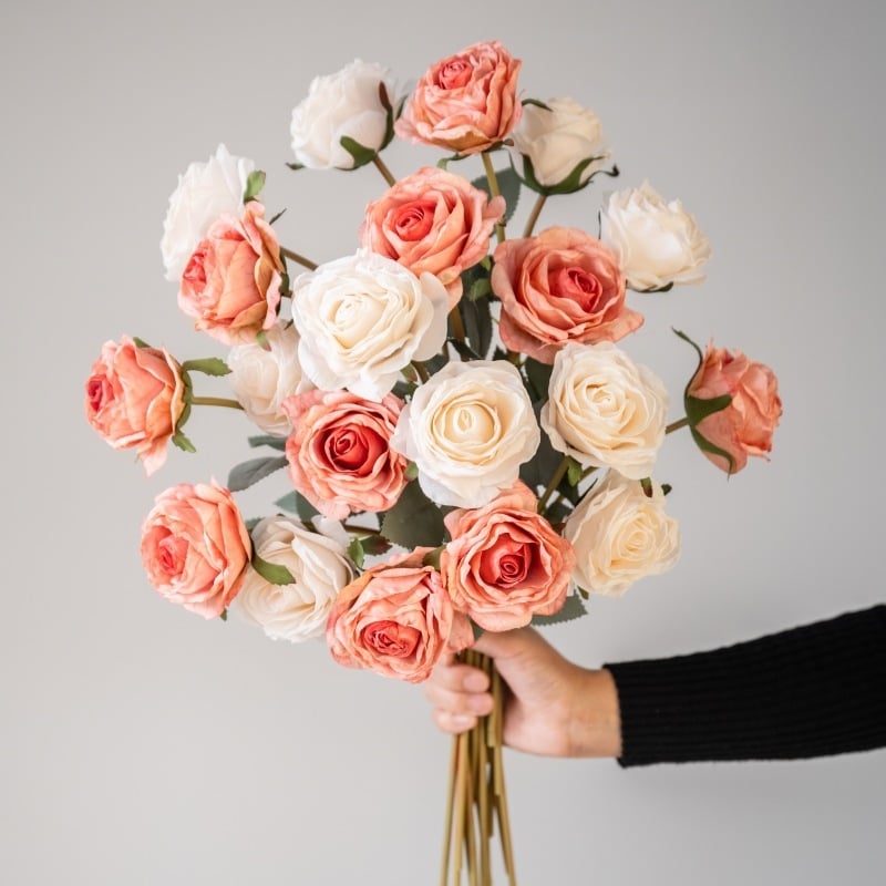 Buchet de trandafiri din satin cu margini arse, inspirat de Grădina Monet, floare artificială pentru nuntă și decor în casă