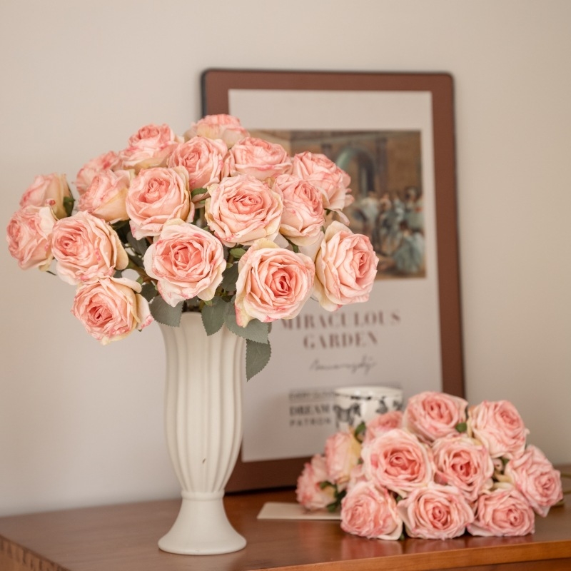 Buchet de trandafiri din satin cu margini arse, inspirat de Grădina Monet, floare artificială pentru nuntă și decor în casă