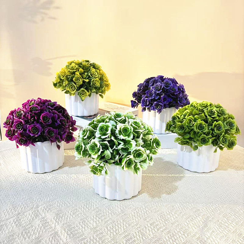 Floare artificială în ghiveci mic, cu 31 trandafiri conectați, bonsai sferic, decor pentru birou