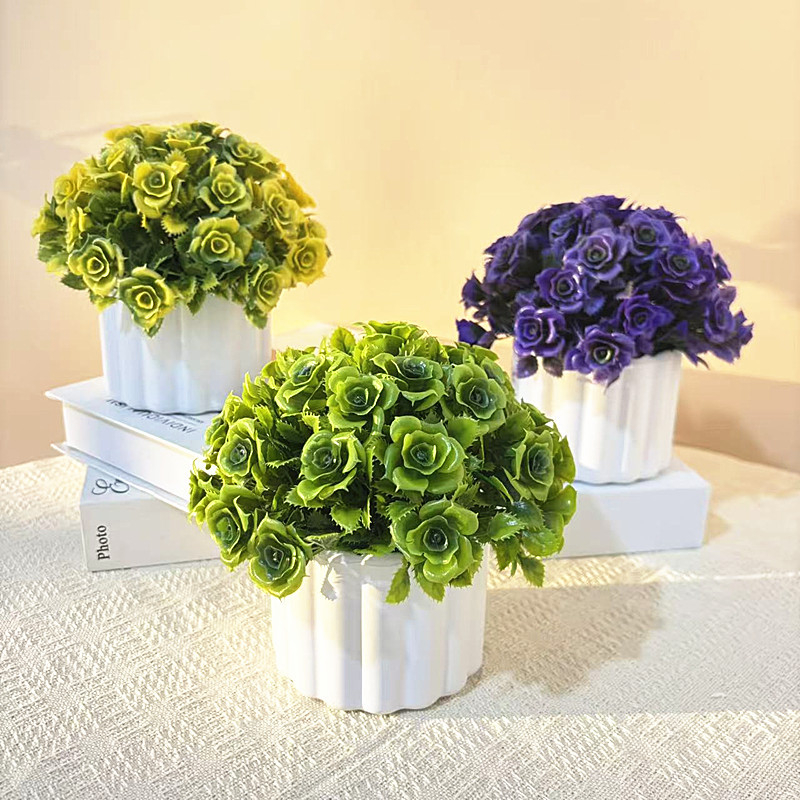 Floare artificială în ghiveci mic, cu 31 trandafiri conectați, bonsai sferic, decor pentru birou