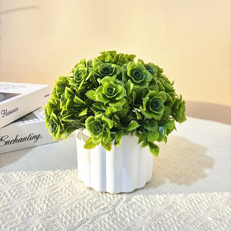 Floare artificială în ghiveci mic, cu 31 trandafiri conectați, bonsai sferic, decor pentru birou