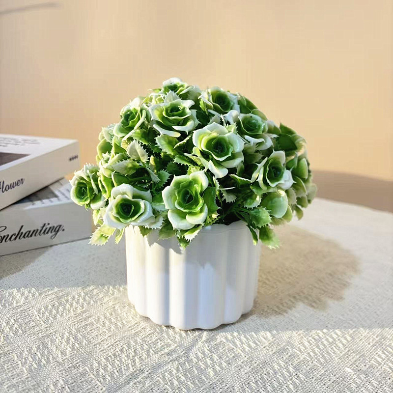 Floare artificială în ghiveci mic, cu 31 trandafiri conectați, bonsai sferic, decor pentru birou