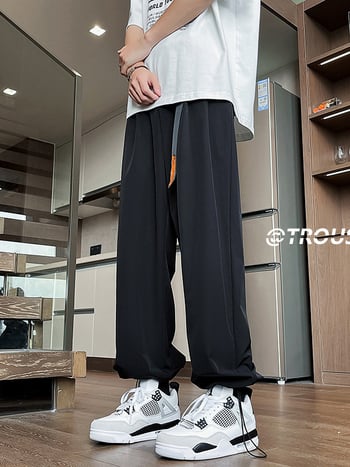 Pantaloni de vară pentru bărbați, croială lejeră, cu picioare largi și drepte, design drapat, stil casual urban