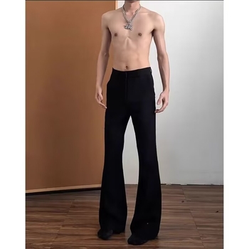 Pantaloni negri pentru bărbați din ice-silk, croială scimitar, lejeri pentru vară, croială curată, micro-flare