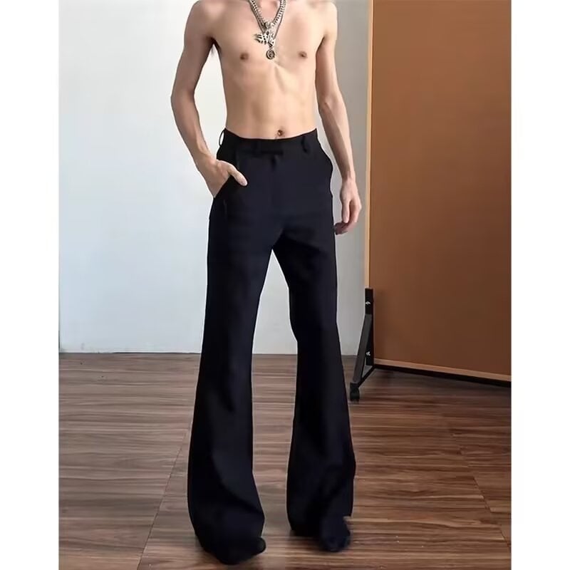 Pantaloni negri pentru bărbați din ice-silk, croială scimitar, lejeri pentru vară, croială curată, micro-flare