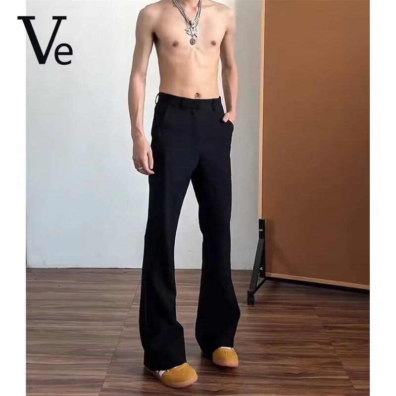 Pantaloni negri pentru bărbați din ice-silk, croială scimitar, lejeri pentru vară, croială curată, micro-flare