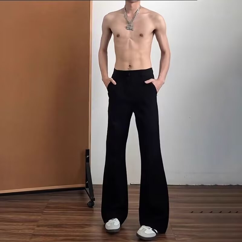 Pantaloni negri pentru bărbați din ice-silk, croială scimitar, lejeri pentru vară, croială curată, micro-flare