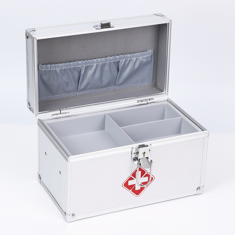 Cutie pentru medicamente de 10 inch, din aliaj de aluminiu, cu mai multe compartimente, pentru familie și mașină, trusă portabilă de prim ajutor