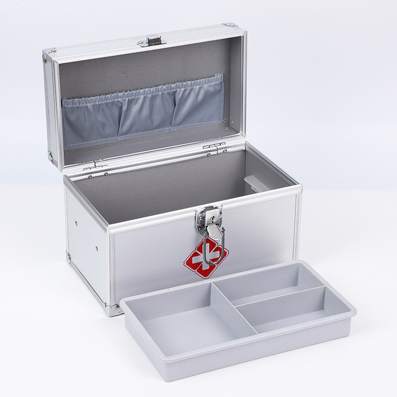 Cutie pentru medicamente de 10 inch, din aliaj de aluminiu, cu mai multe compartimente, pentru familie și mașină, trusă portabilă de prim ajutor