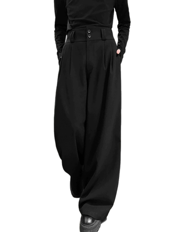 Pantaloni negri de costum pentru bărbați, cu plisuri și detalii de nasturi, primăvară/toamnă, stil american, croială dreaptă, largă