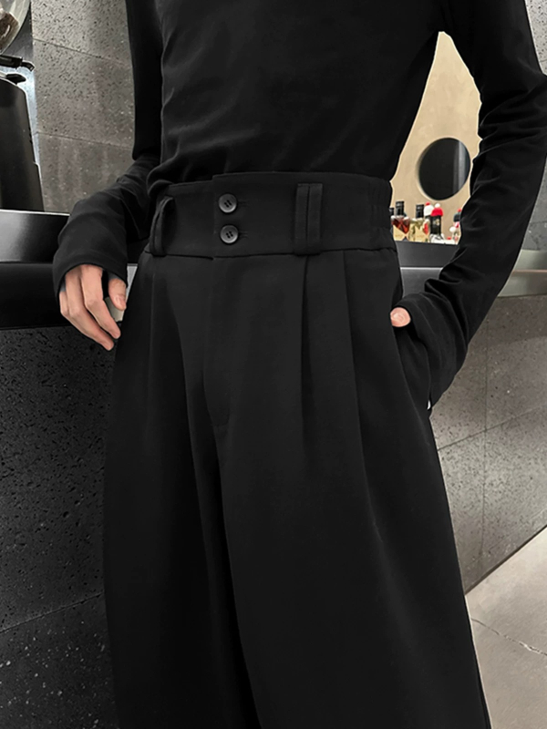 Pantaloni negri de costum pentru bărbați, cu plisuri și detalii de nasturi, primăvară/toamnă, stil american, croială dreaptă, largă