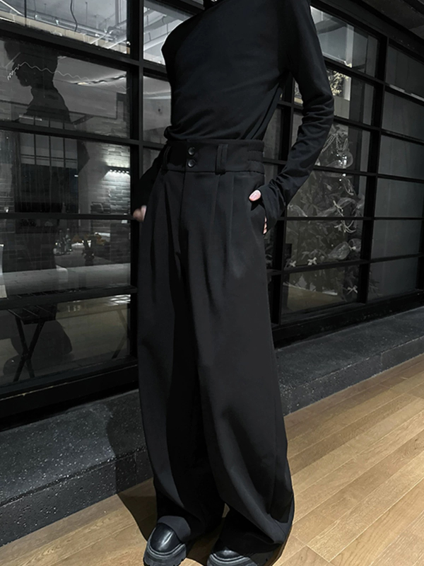 Pantaloni negri de costum pentru bărbați, cu plisuri și detalii de nasturi, primăvară/toamnă, stil american, croială dreaptă, largă