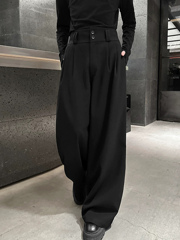 Pantaloni negri de costum pentru bărbați, cu plisuri și detalii de nasturi, primăvară/toamnă, stil american, croială dreaptă, largă