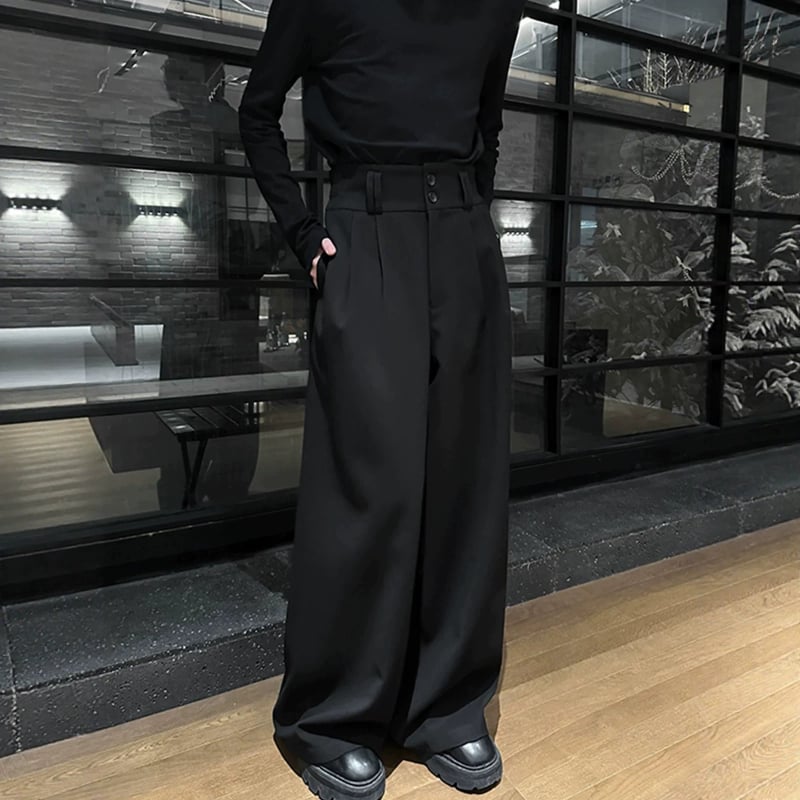 Pantaloni negri de costum pentru bărbați, cu plisuri și detalii de nasturi, primăvară/toamnă, stil american, croială dreaptă, largă