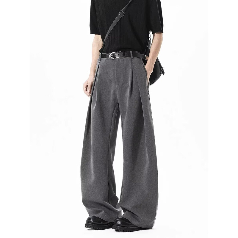 Pantaloni casual drapați, inspirați din retro, deconstruiți pentru bărbați, largi, lungime până la podea, cu design unic