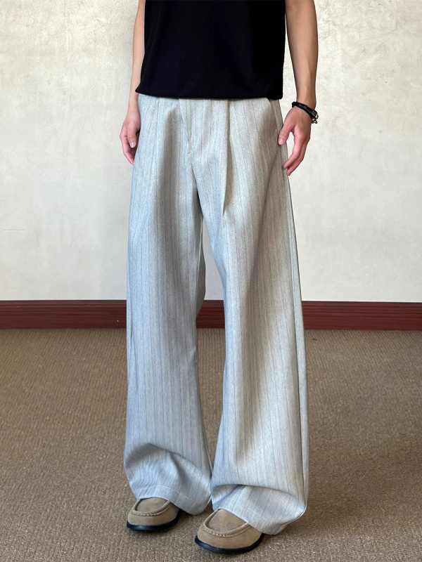 Pantaloni casual pentru bărbați, dungi verticale, croi larg, stil Old Money, vară, croială curată, drapaj