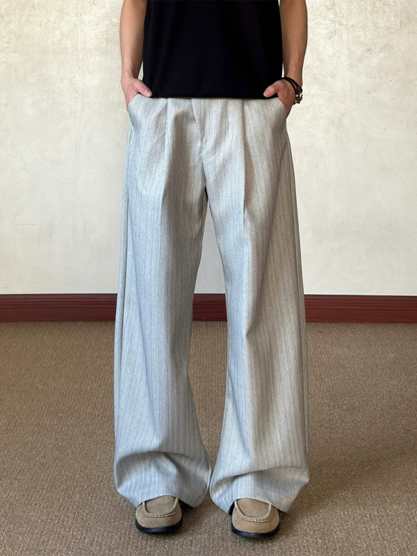 Pantaloni casual pentru bărbați, dungi verticale, croi larg, stil Old Money, vară, croială curată, drapaj