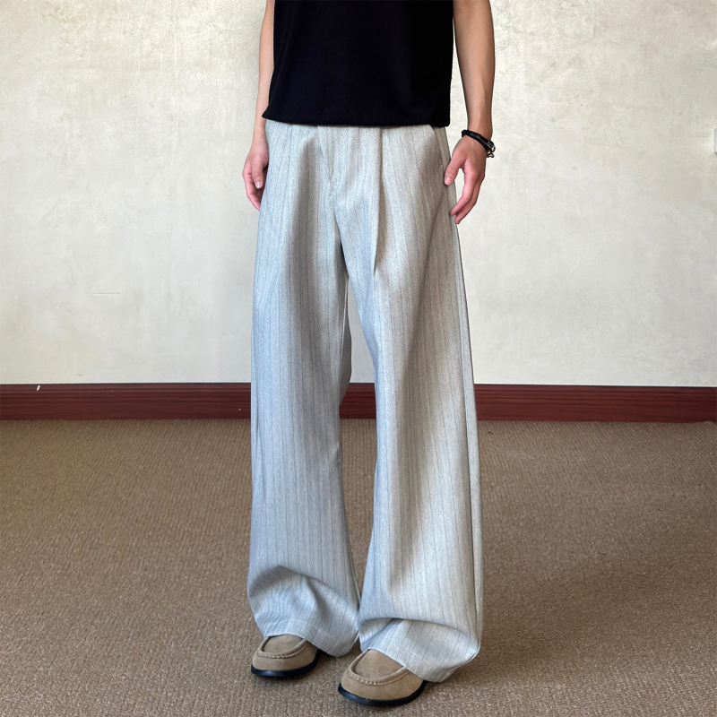 Pantaloni casual pentru bărbați, dungi verticale, croi larg, stil Old Money, vară, croială curată, drapaj
