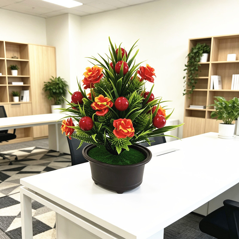Bonsai artificial cu trandafir în ghiveci, motiv fructe