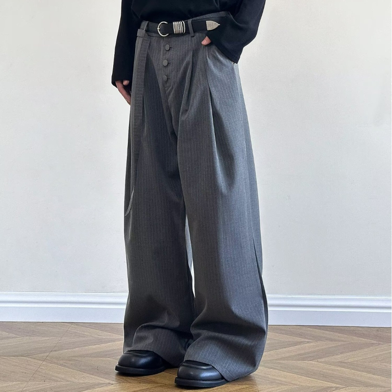 Pantoloni largi, drapați, uni-sex, cu croială în linie evazată, în dungi, plisati, casual pantaloni de costum