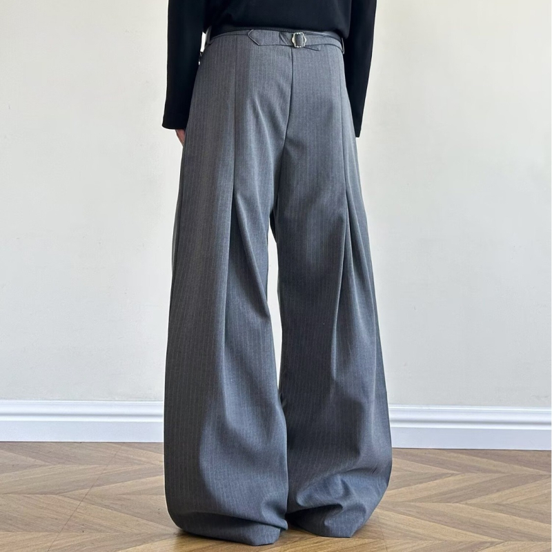 Pantoloni largi, drapați, uni-sex, cu croială în linie evazată, în dungi, plisati, casual pantaloni de costum